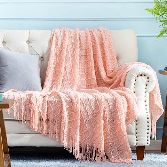 Light Pink Modern Farmhouse Boho Tassel Knit Throw Cozy Fringe Patterned Blanket